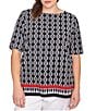 Ruby Rd. Plus Size Medallion Border Print Boat Neck Elbow Sleeve Top, Color:Black/Multi - Image 4