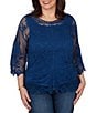 Ruby Rd. Plus Size Medallion Crochet Lace Scoop Neck 3/4 Sleeve Top - Image 1
