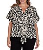 Ruby Rd. Plus Size Mixed-Media Monochrome Floral V-Neck Short Ruffle Sleeve Button Tie Front Shirt - Image 1