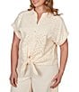 Ruby Rd. Plus Size Mixed Media Point Collar Short Rolled Cuff Sleeve Button Tie-Front Top - Image 3