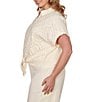 Ruby Rd. Plus Size Mixed Media Point Collar Short Rolled Cuff Sleeve Button Tie-Front Top - Image 4