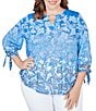 Color:Baltic Multi - Image 1 - Plus Size Ombre Paisley Print Knit Keyhole Neck Embroidered Shoulder Tie-Sleeve Top