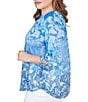 Color:Baltic Multi - Image 3 - Plus Size Ombre Paisley Print Knit Keyhole Neck Embroidered Shoulder Tie-Sleeve Top