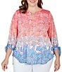 Color:Guava Multi - Image 1 - Plus Size Ombre Paisley Print Knit Keyhole Neck Embroidered Shoulder Tie-Sleeve Top