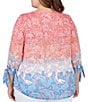 Color:Guava Multi - Image 2 - Plus Size Ombre Paisley Print Knit Keyhole Neck Embroidered Shoulder Tie-Sleeve Top