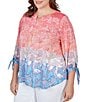 Color:Guava Multi - Image 4 - Plus Size Ombre Paisley Print Knit Keyhole Neck Embroidered Shoulder Tie-Sleeve Top