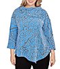 Ruby Rd. Plus Size Paisley Jacquard Split Cowl Neck 3/4 Sleeve Asymmetric Hem Top, Color:Bluebell/Black - Image 1