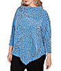 Ruby Rd. Plus Size Paisley Jacquard Split Cowl Neck 3/4 Sleeve Asymmetric Hem Top, Color:Bluebell/Black - Image 4