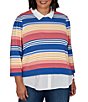 Ruby Rd. Plus Size Pique Knit Game Stripe Layered Point Collar 3/4 Sleeve Top - Image 1
