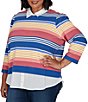 Ruby Rd. Plus Size Pique Knit Game Stripe Layered Point Collar 3/4 Sleeve Top - Image 3