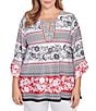 Ruby Rd. Plus Size Printed Embellished Keyhole Neck 3/4 Ruffle Sleeve Sharkbite Hem Top, Color:Black Multi - Image 1
