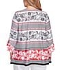 Ruby Rd. Plus Size Printed Embellished Keyhole Neck 3/4 Ruffle Sleeve Sharkbite Hem Top, Color:Black Multi - Image 2