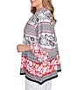 Ruby Rd. Plus Size Printed Embellished Keyhole Neck 3/4 Ruffle Sleeve Sharkbite Hem Top, Color:Black Multi - Image 3