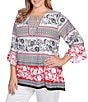 Ruby Rd. Plus Size Printed Embellished Keyhole Neck 3/4 Ruffle Sleeve Sharkbite Hem Top, Color:Black Multi - Image 4