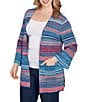 Ruby Rd. Plus Size Rib Knit Stripe 3/4 Sleeve Pocketed Open-Front Cardigan, Color:Indigo Multi - Image 1
