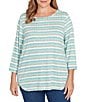 Ruby Rd. Plus Size Ribbed Knit Marled Stripe Print Ballet Neck 3/4 Sleeved Top, Color:Teal Heather - Image 1