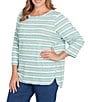Ruby Rd. Plus Size Ribbed Knit Marled Stripe Print Ballet Neck 3/4 Sleeved Top, Color:Teal Heather - Image 4
