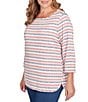 Ruby Rd. Plus Size Ribbed Knit Marled Stripe Print Ballet Neck 3/4 Sleeved Top, Color:Sangria Heather - Image 4