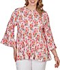 Ruby Rd. Plus Size Ruffle Scoop Neck 3/4 Bell Sleeve Floral Pleated Top - Image 1