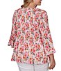 Ruby Rd. Plus Size Ruffle Scoop Neck 3/4 Bell Sleeve Floral Pleated Top - Image 2