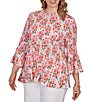 Ruby Rd. Plus Size Ruffle Scoop Neck 3/4 Bell Sleeve Floral Pleated Top - Image 3
