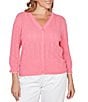 Ruby Rd. Plus Size Ruffle V-Neck 3/4 Sleeve Button Front Pointelle Cardigan - Image 1