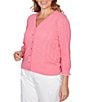 Ruby Rd. Plus Size Ruffle V-Neck 3/4 Sleeve Button Front Pointelle Cardigan - Image 4