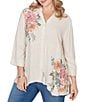 Ruby Rd. Plus Size Sand-Washed Linen Collared V-Neck 3/4 Sleeve Button Front Coordinating Tunic - Image 1