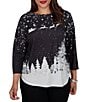 Ruby Rd. Plus Size Santa Flying Sleigh Snowflake Crew Neck 3/4 Sleeve Top - Image 1