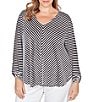 Ruby Rd. Plus Size Scalloped Stripe V-Neck 3/4 Roll-Tab Sleeve Top, Color:Black/White - Image 1