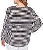 Ruby Rd. Plus Size Scalloped Stripe V-Neck 3/4 Roll-Tab Sleeve Top, Color:Black/White - Image 2