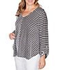 Ruby Rd. Plus Size Scalloped Stripe V-Neck 3/4 Roll-Tab Sleeve Top, Color:Black/White - Image 4
