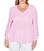 Ruby Rd. Plus Size Scalloped Stripe V-Neck 3/4 Roll-Tab Sleeve Top, Color:Hydrangea/White - Image 1