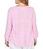 Ruby Rd. Plus Size Scalloped Stripe V-Neck 3/4 Roll-Tab Sleeve Top, Color:Hydrangea/White - Image 2