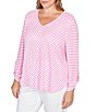 Ruby Rd. Plus Size Scalloped Stripe V-Neck 3/4 Roll-Tab Sleeve Top, Color:Hydrangea/White - Image 4