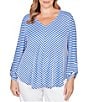 Ruby Rd. Plus Size Scalloped Stripe V-Neck 3/4 Roll-Tab Sleeve Top, Color:Sea Blue/White - Image 1