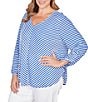 Ruby Rd. Plus Size Scalloped Stripe V-Neck 3/4 Roll-Tab Sleeve Top, Color:Sea Blue/White - Image 4