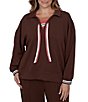 Ruby Rd. Plus Size Scuba Pique Point Collar 3/4 Sleeve Stripe Trim Pullover - Image 1