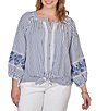 Ruby Rd. Plus Size Seersucker Woven Stripe Band Collar 3/4 Embroidered Sleeve Tie-Front Blouse - Image 1