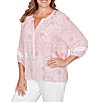 Ruby Rd. Plus Size Silky Gauze Floral Split V-Neck 3/4 Sleeve Button-Front Blouse - Image 3