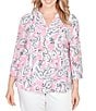 Ruby Rd. Plus Size Silky Gauze Hydrangea Paisley Split V-Neck 3/4 Sleeve Button Front Top - Image 1