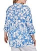 Ruby Rd. Plus Size Silky Gauze Printed Banded Neck 3/4 Roll-Tab Sleeve Pleated Blouse, Color:French Blue/White - Image 2