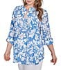 Ruby Rd. Plus Size Silky Gauze Printed Banded Neck 3/4 Roll-Tab Sleeve Pleated Blouse, Color:French Blue/White - Image 3