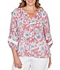 Ruby Rd. Plus Size Silky Gauze Woven Floral Split V-Neck 3/4 Lace Inset Sleeve Blouse - Image 1