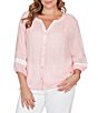 Ruby Rd. Plus Size Silky Gauze Woven Split V-Neck 3/4 Sleeve Lace Trim Button-Front Peasant Blouse - Image 1