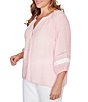Ruby Rd. Plus Size Silky Gauze Woven Split V-Neck 3/4 Sleeve Lace Trim Button-Front Peasant Blouse - Image 3