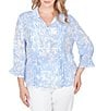 Ruby Rd. Plus Size Silky Slub Woven Brushstroke Floral Collared V-Neck 3/4 Sleeve Top - Image 5