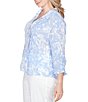 Ruby Rd. Plus Size Silky Slub Woven Brushstroke Floral Collared V-Neck 3/4 Sleeve Top - Image 3