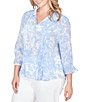 Ruby Rd. Plus Size Silky Slub Woven Brushstroke Floral Collared V-Neck 3/4 Sleeve Top - Image 4