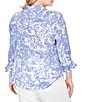 Ruby Rd. Plus Size Silky Slub Woven Brushstroke Floral Collared V-Neck 3/4 Sleeve Top, Color:Sea Blue Multi - Image 2